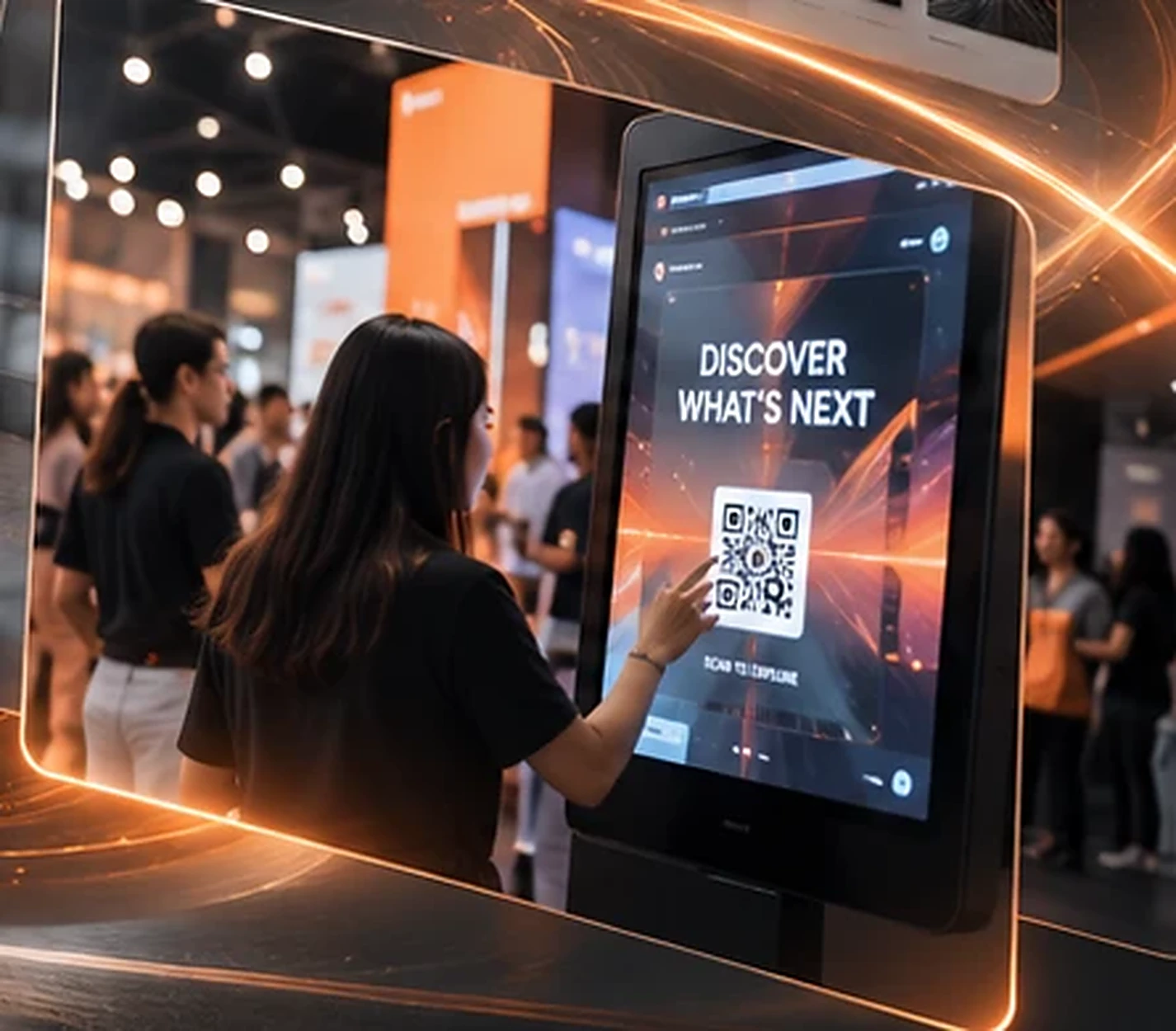 Concept event station showing a visitor engaging with a touchscreen and QR interaction